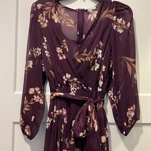 Plum floral maxi dress with plum under layer. Zipper back.